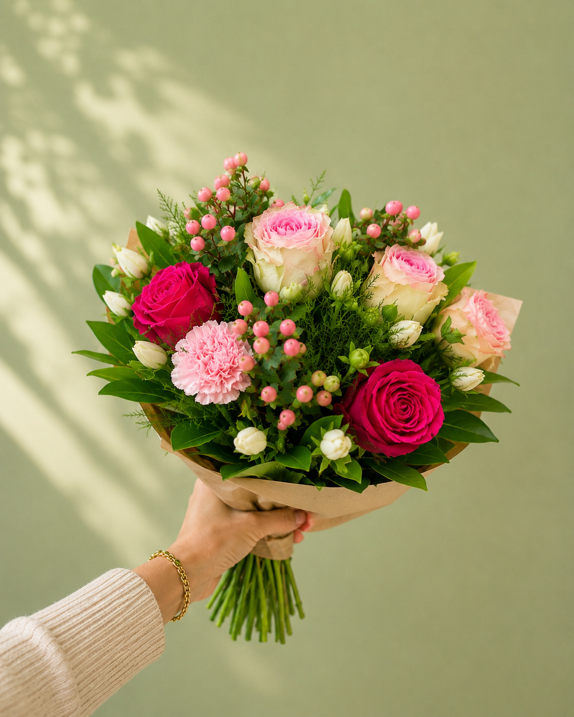 Bouquet of pink and white flowers held by a person against a light green background