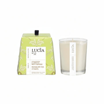 Lucia candle and packaging on a white background