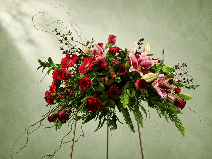 Red Rose & Pink Lily Sympathy Casket Spray floral tribute