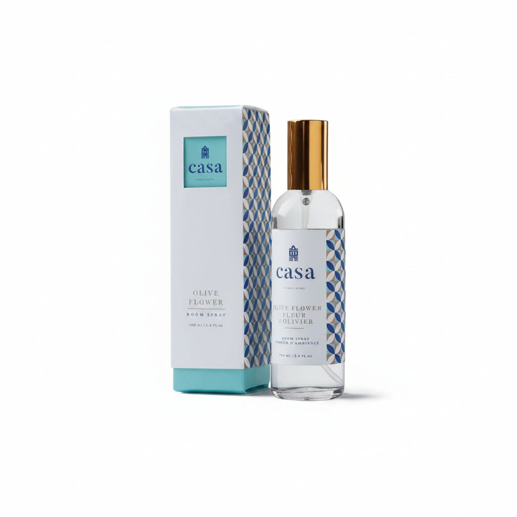 Casa olive flower room spray with packaging on a white background