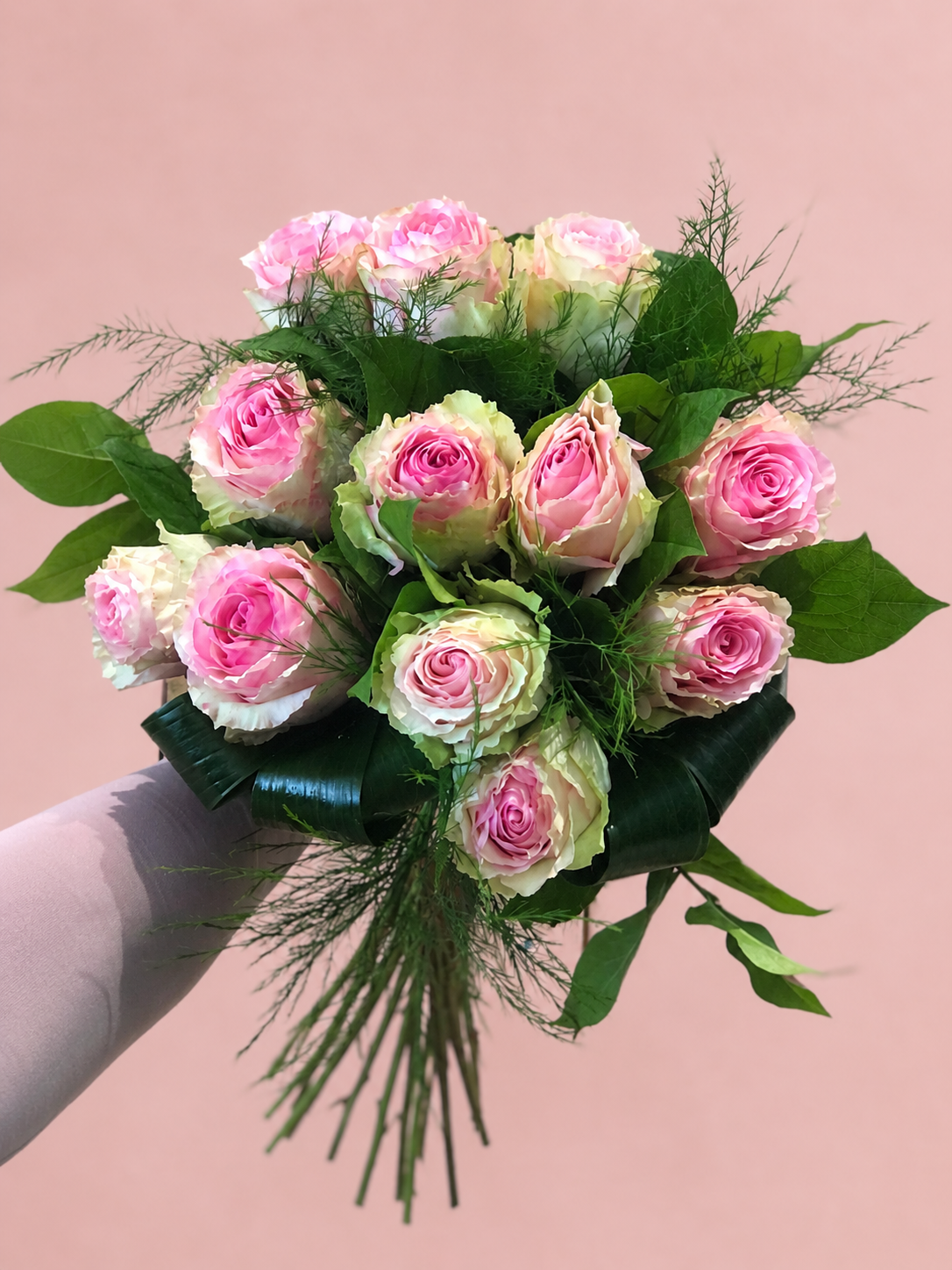 Bouquet of pink and green roses on a pink background